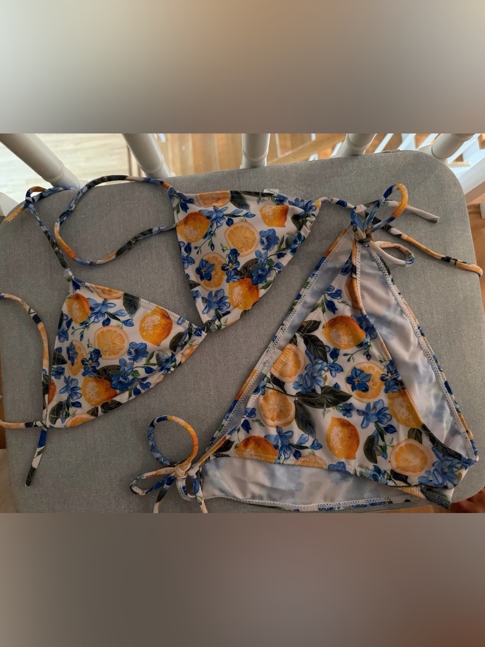 Mediterranean lemon and blue floral print bikini small top large bottom